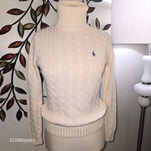 Vintage Ralph Lauren Sport Cream High Turtleneck Cable Knit Sweater Size Medium